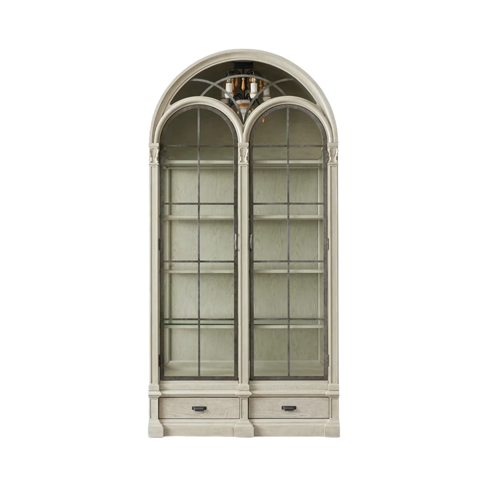 

Solid wood arched display cabinet with light ash wood and veneer distressed open paint finish for home furnished dining room