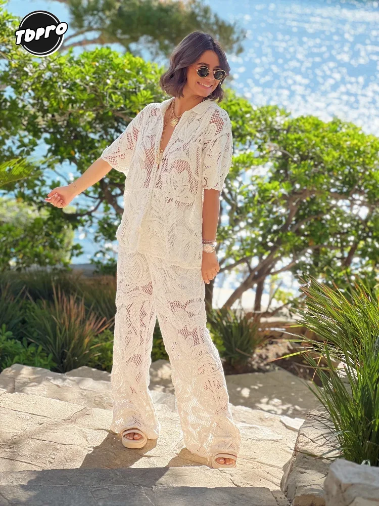 Women\'s Crochet Hollowed Out Lapel Single Breasted Top Set Chic Solid Printed Wide Leg Pants Suits 2024 Commuter Vacation Outfit