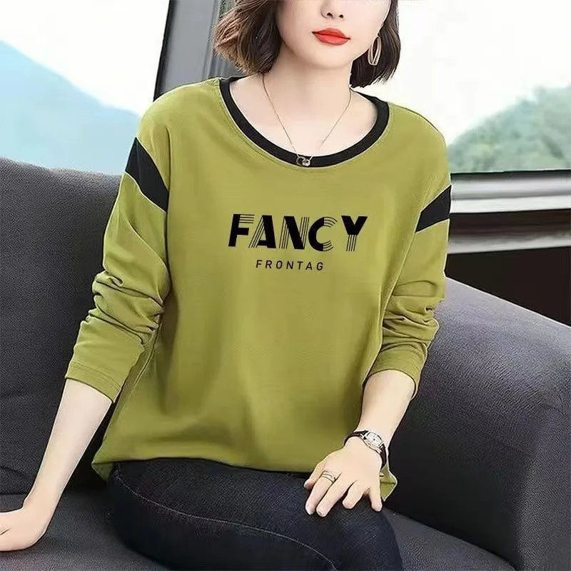 Slimming Effect Long Sleeve Printed T-Shirt Women's Thin round Neck Base Shirt Commute Style Winter Season Fashion Ladies' Top