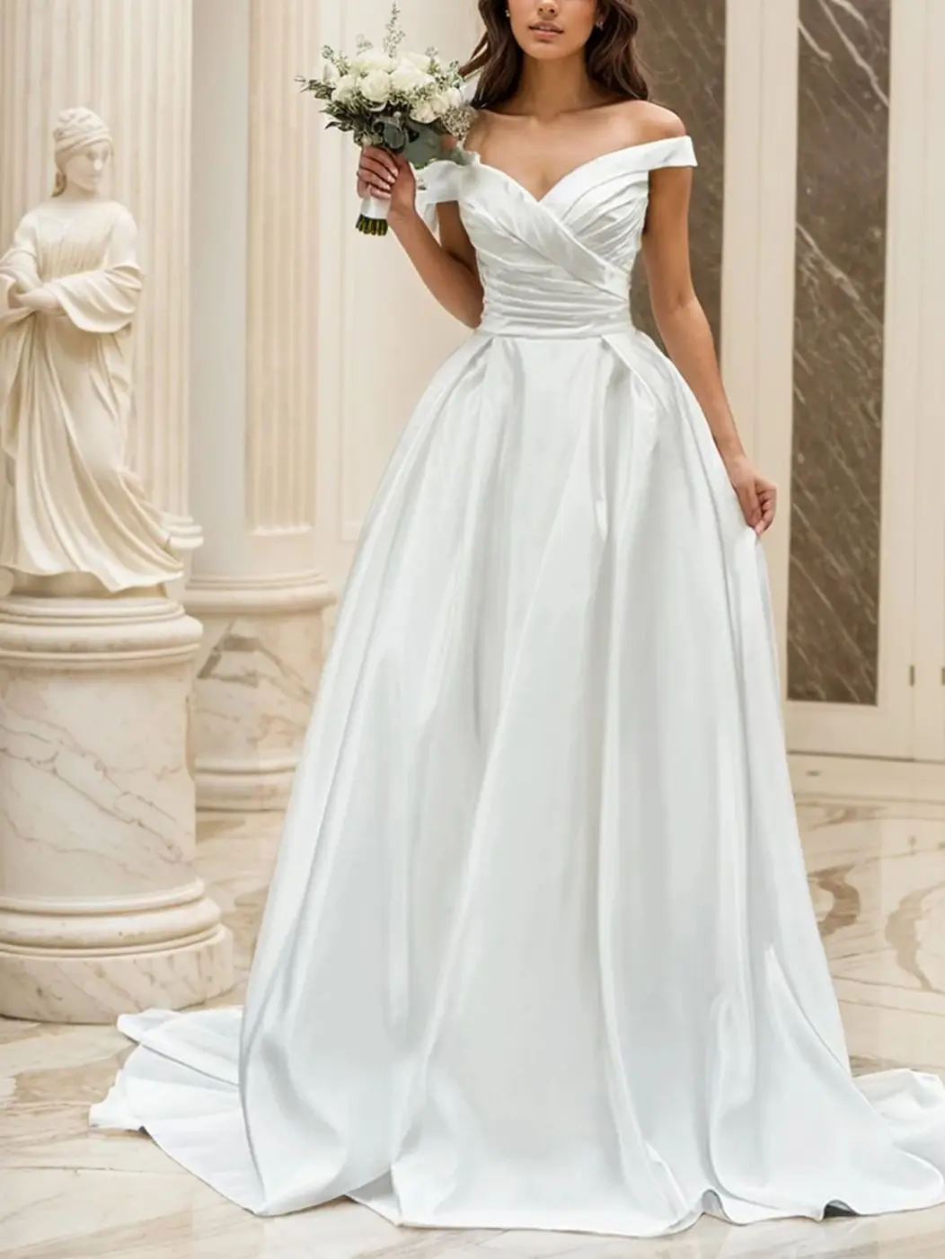 

Elegant A-Line Engagement Wedding Dress Off Shoulder Cap Sleeve Satin Pleats Court Train Formal Bridal Gown 2025 Free Customized