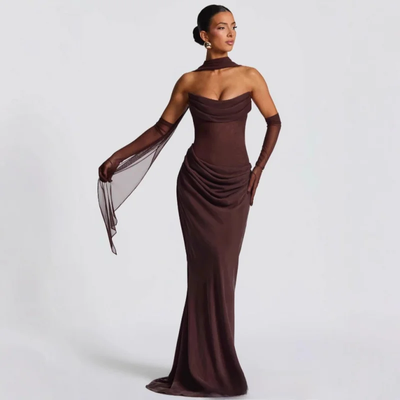 

Elegant Mesh Patchwork Strapless Long Dress Three-Piece Set Party Gown