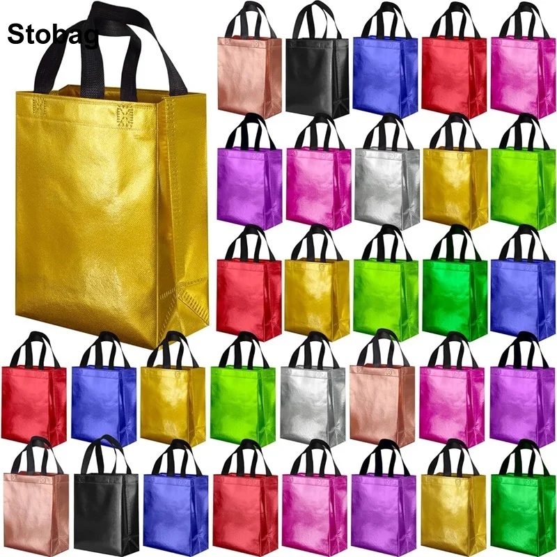 

StoBag 25pcs Wholesale Laser Color Non-woven Gift Bags Tote Packaging Storage Shopping Portable Fabric Reusable Pouch Party