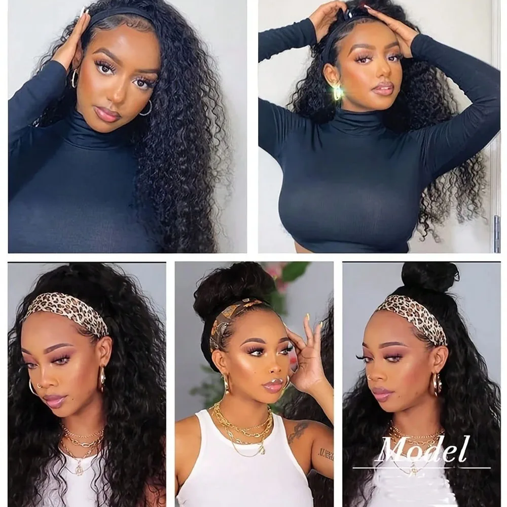 Deep Water Wave Human Hair Headband Wigs 200% High Density Curly Machine‑Made Wigs  No Glue Beginner Friendly Comfortable Wigs