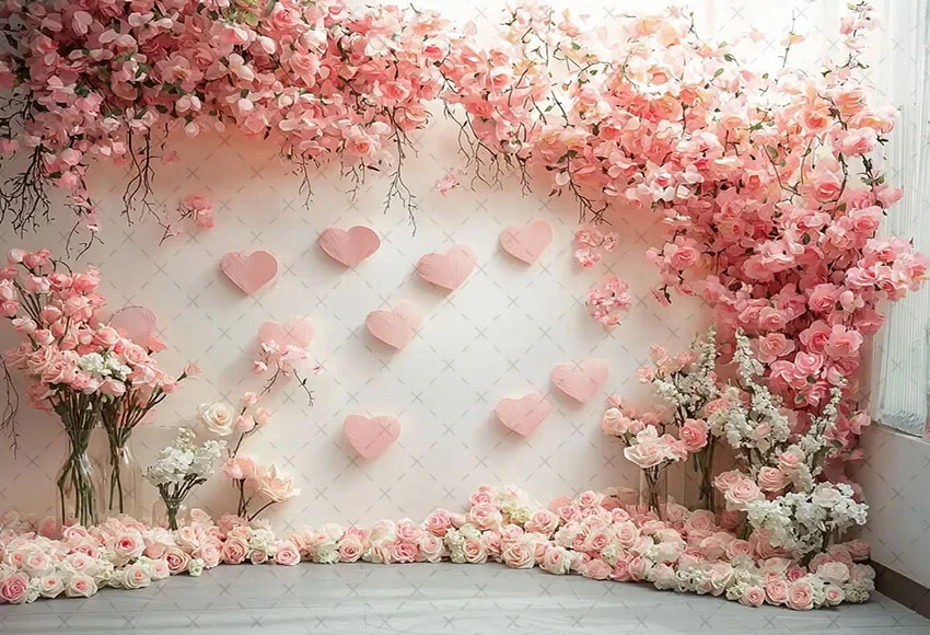 Mehofond-Toile de fond de photographie, mur floral rose, coeur d'amour, décor de portrait d'anniversaire d'enfants, toile de fond de studio photo, jour de Léon