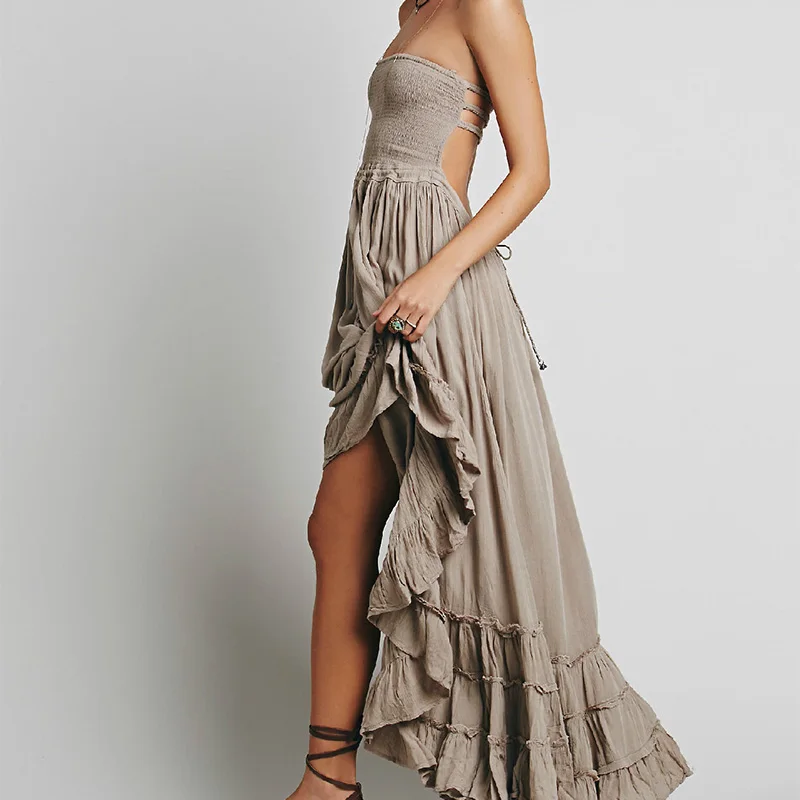 Abito lungo da spiaggia estivo da donna elegante Abito lungo sexy senza schienale Boho Bohemian Vestito estivo casual da vacanza senza schienale Abiti maxi hippie