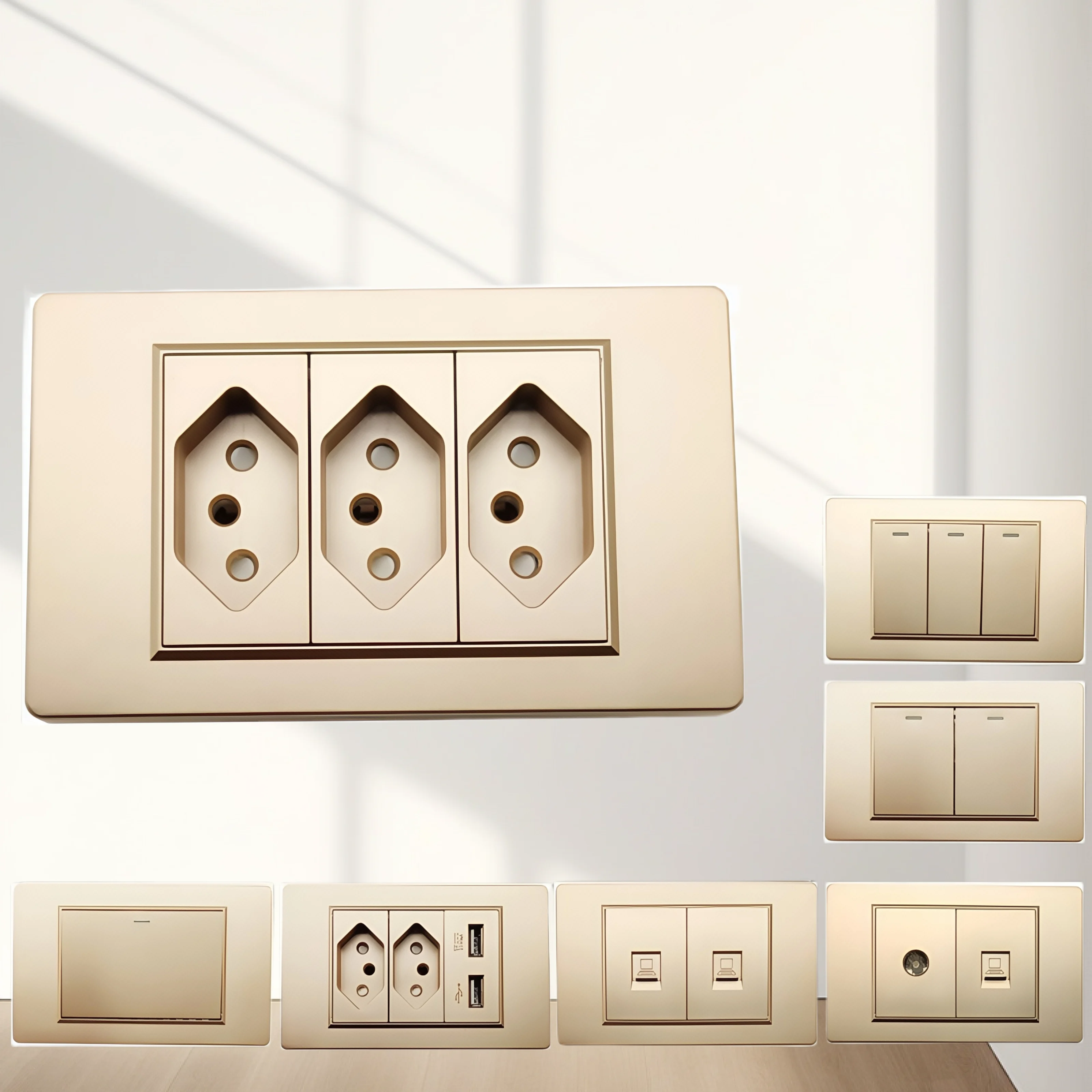 

118mm Brazilian Household Standard 3Gang Golden PC Flame Retardant Panel 10A 3Hole Power Plug Wall Socket And Switch Combination