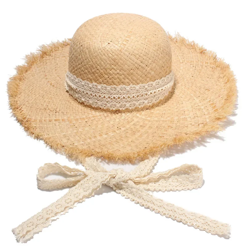 Sweet lace Straps Summer Straw Hat Handwoven Lafite Sun Hat Retro Travel Sunscreen Beach Vacation Hat for Adult Holidays