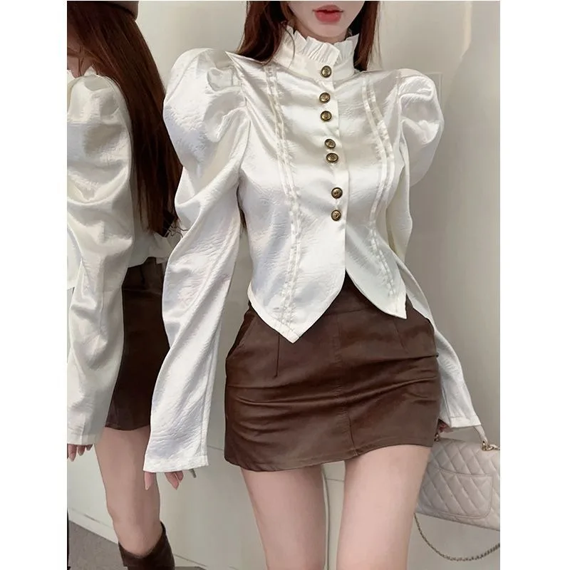 French Stand Collar Flounce Shirt Women Fashion Bubble Sleeve Celebrity Single Breasted Solid Solid Chic Spring Gentle Sweet Top