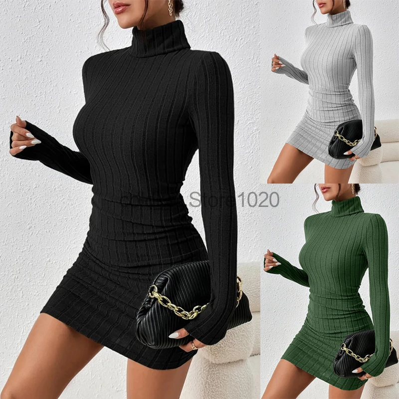 فستان محبوك لربيع الخريف للنساء أنيق للحفلات بياقة مدورة وأكمام طويلة فساتين قصيرة مثيرة بلون سادة فساتين ضيقة