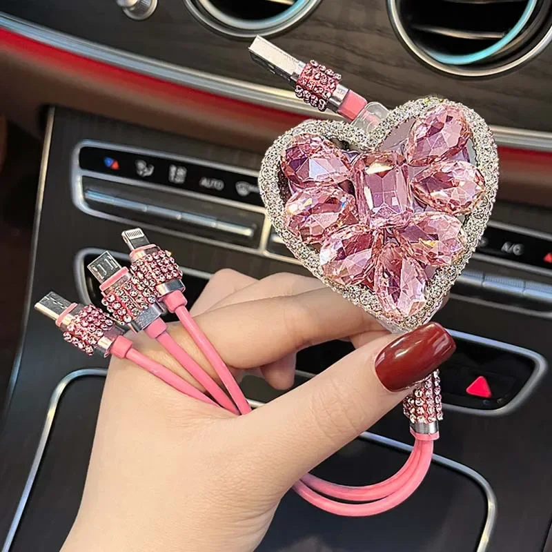 Love Heart Goddess Crystal Car Charger Charming Auto Fast Charging with 1 in 3 Data Line Auto Styling Car Bling Accessories