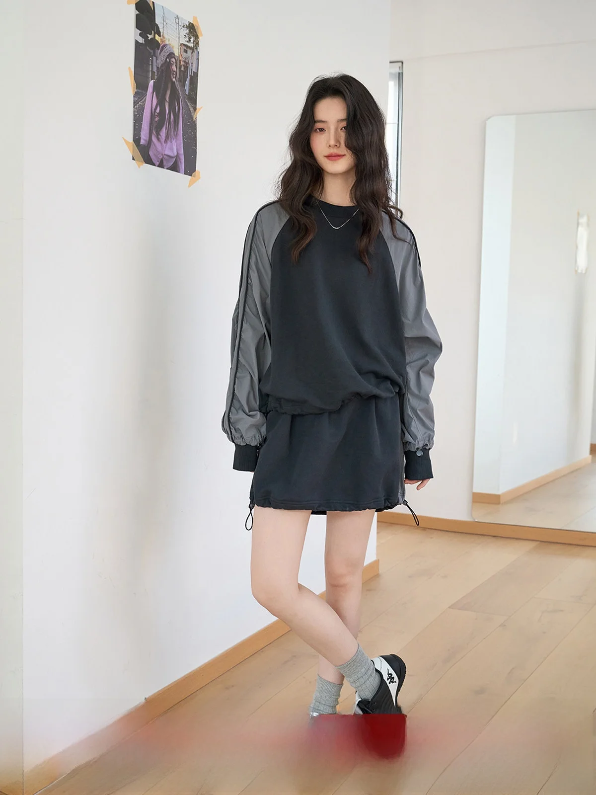 

MoZa Spring Faion Set Women's Casual A-Line Skirt Elastic Waist Cover Hip Two-Piece Suit ey Color Smart Casual Wear