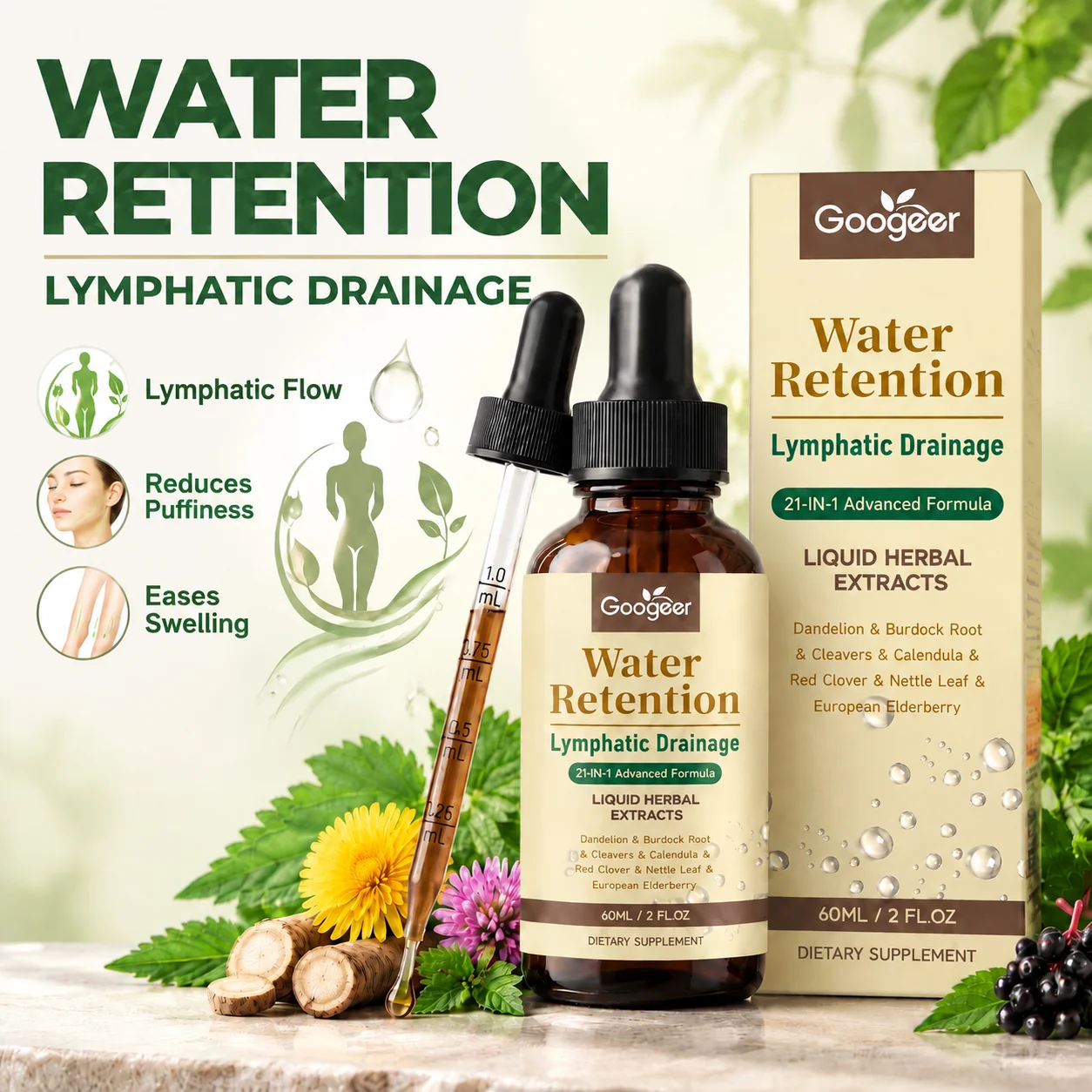 Water Retention Lymphatic Drainage Liquid Promotes Lymphatic Flow & Reduces Puffiness & Eases Swelling Dandelion 60ml Herbal
