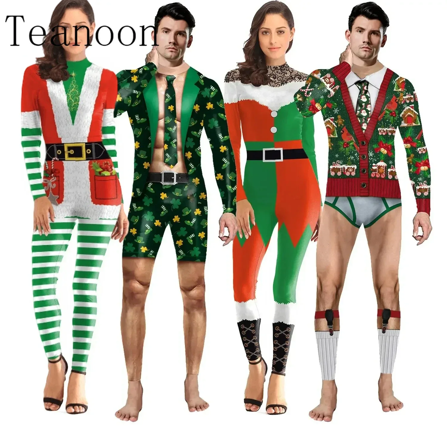 

Рождественский женский и мужской костюм, сексуальный комбинезон с принтом, боди в стиле зентай, праздничный костюм для взрослых, рождественский подарок, одежда