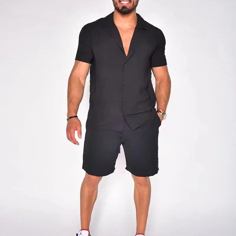 

Men Single Breasted T Shirts Sets Short Sleeve Tees Solid Two Pieces Knee Length Shorts Loose Turn Down Collar Button Casual New