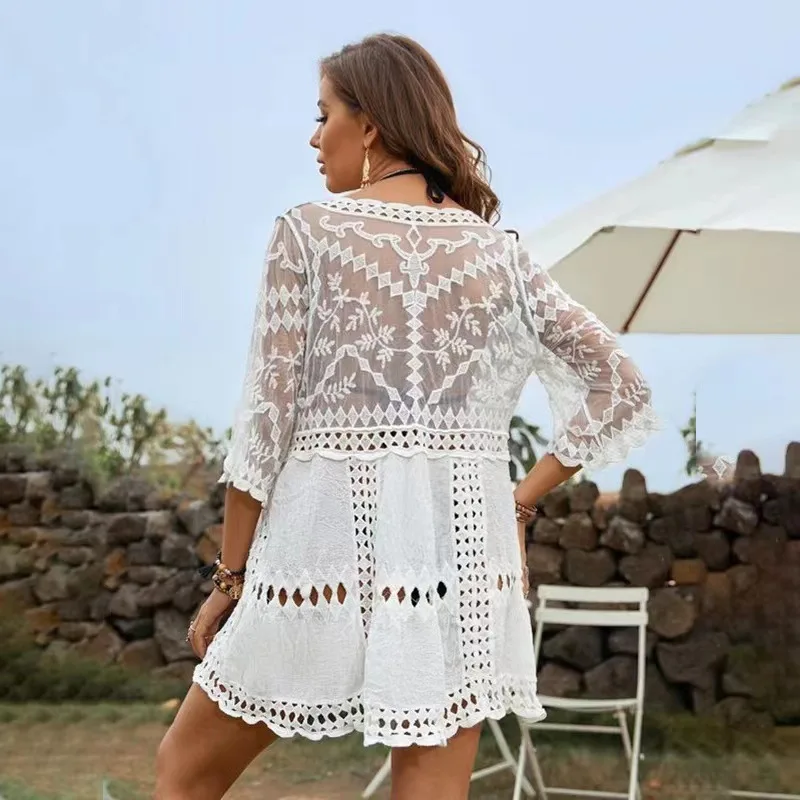 Beach Blouse Sexy Hollow V-neck Bikini Swimsuit Blouse Sunscreen Cross-border Hot Sale