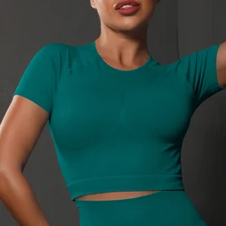 Women's top sports running fitness tight sweat-absorbing moisture-wicking solid color seamless comfortable yoga short sleeves