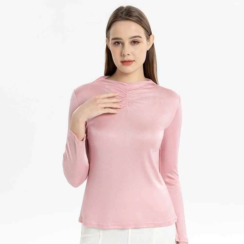 MadBlack-25%Silk 75%Viscose Elegant Knit T-Shirt, O Neck Long Sleeve Folds, Women Basic Commute Thin Top, 2026 Autumn T69814CC