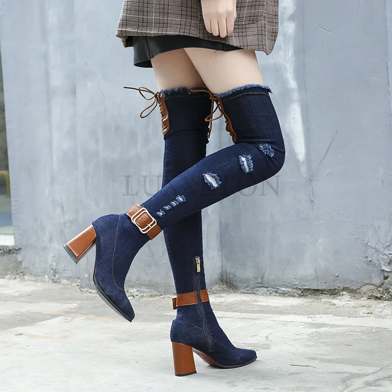 Women Denim Over The Knee High Boots Stretch High Heel Female Shoes Ladies WoMen Pointed Toe Fashion Nice Autumn New