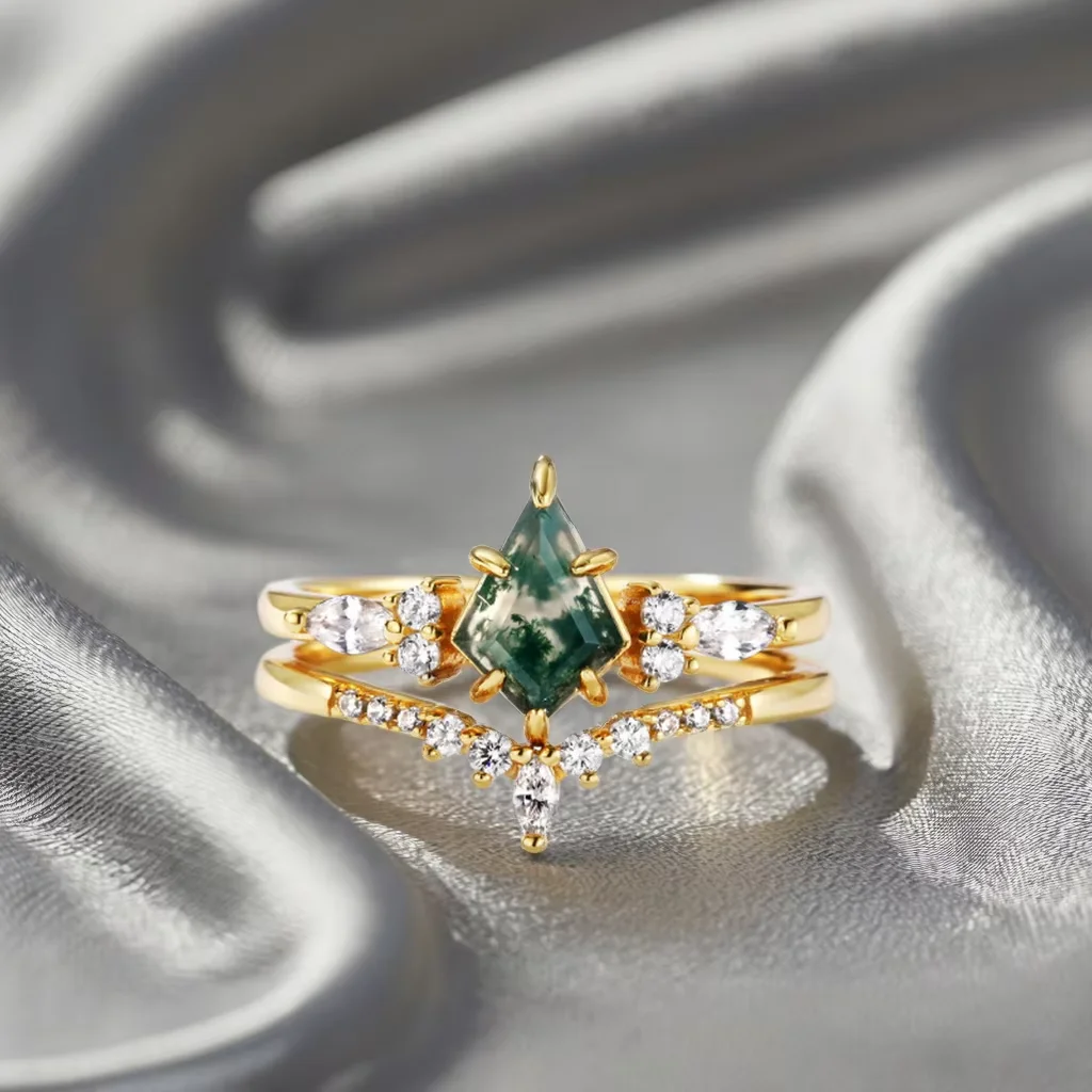 

Kite Cut Moss Agate Engagement Ring for Women Gold Plating Accented Ring Stackable Rings for Wedding Party