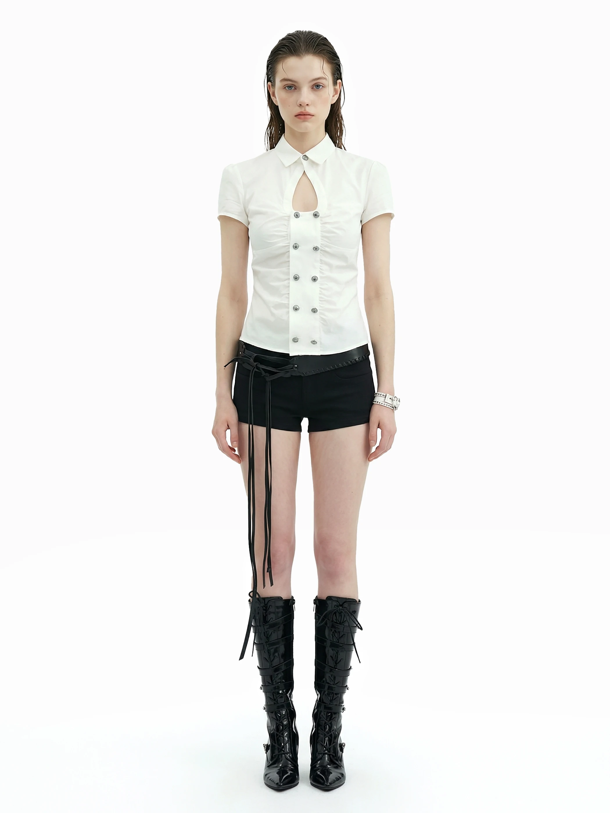 

French Style Bubble Cotton Short Sleeve Women's Shirt Waterdrop Collar Versatile Summer White Design Sensation Straight Cut