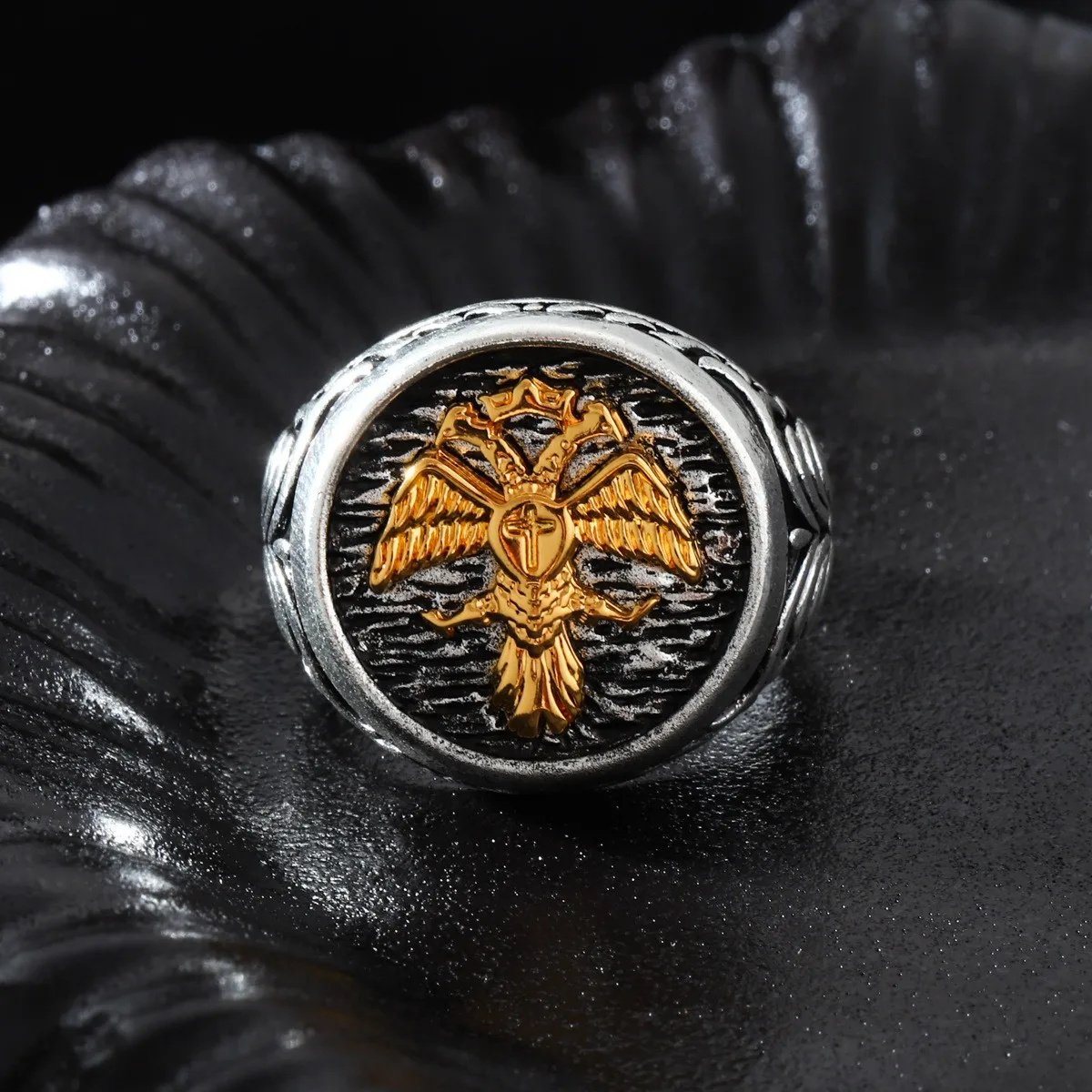 Fashion Retro Distressed Two-tone Double-headed Eagle Men's Ring Gold-plated Temperament Party Finger Accessories
