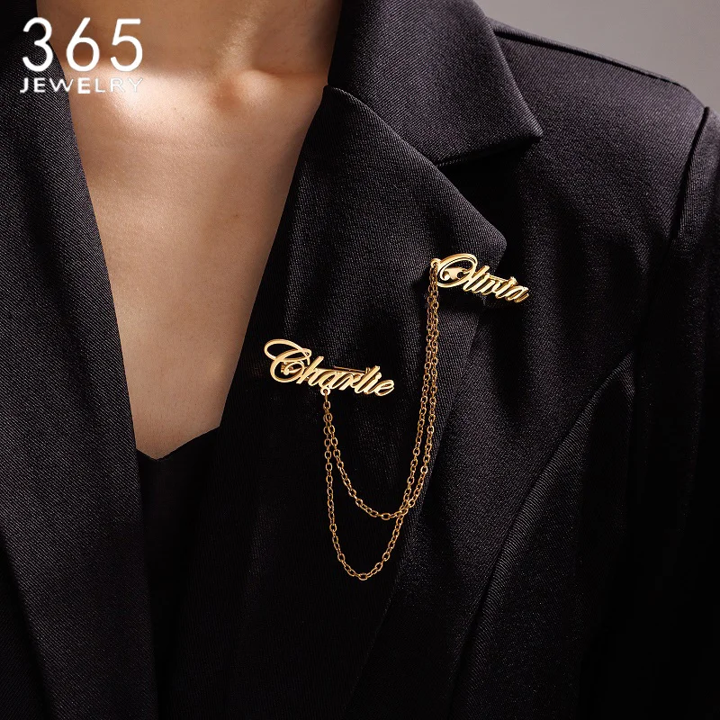 

365 New Arrival Custom 2 Name Brooch Stainless Steel Personalized Connecting O Chain Collar Brooch For Men Women Banquet Jewelry