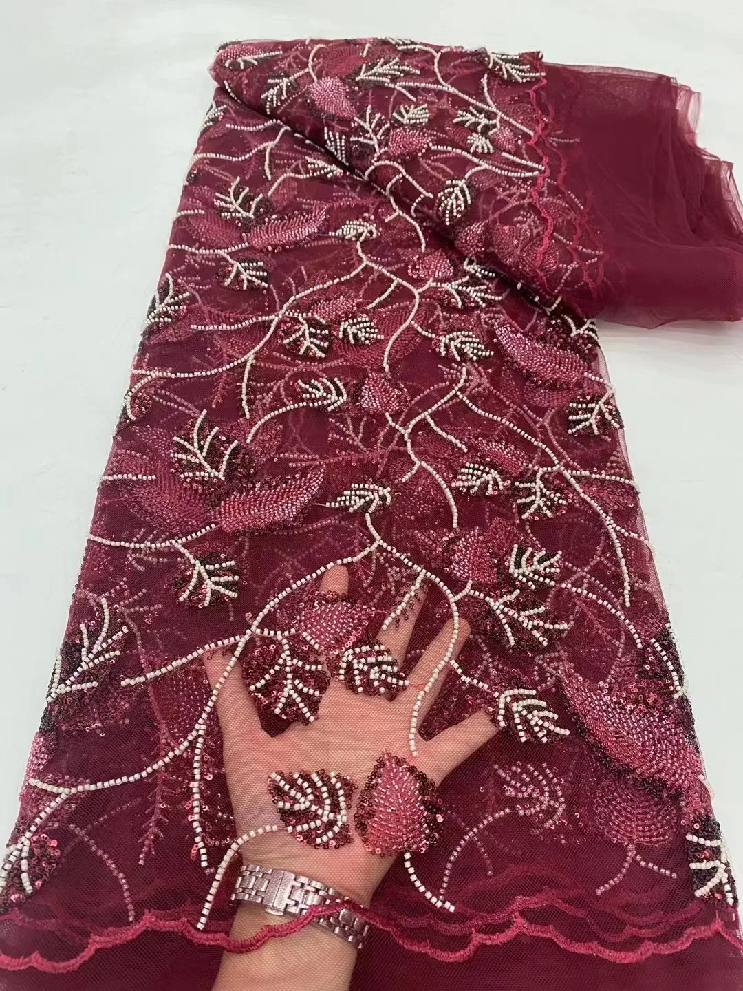 Luxurious Nigerian Handmade Beads Lace Fabric wine High Quality Sequins Green Embroidery African French Lace Fabric For Dress