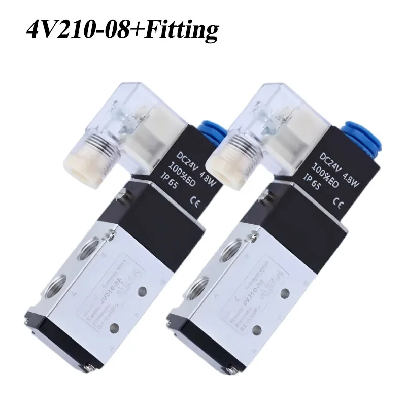 HLH 4V210-08 Pneumatic Electric Solenoid Valve 2 Position 5 Port With Fitting DC12/24/ AC24/110/220V Control Valve Electromagnet
