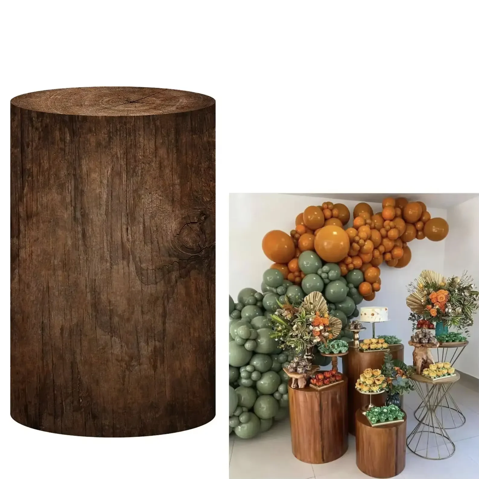 Mehofond Custom Cylinder Cover Backdrop Rustic Wood Texture Birthday Party Plinth Cake Dessert Pedestal Background Decor Elastic