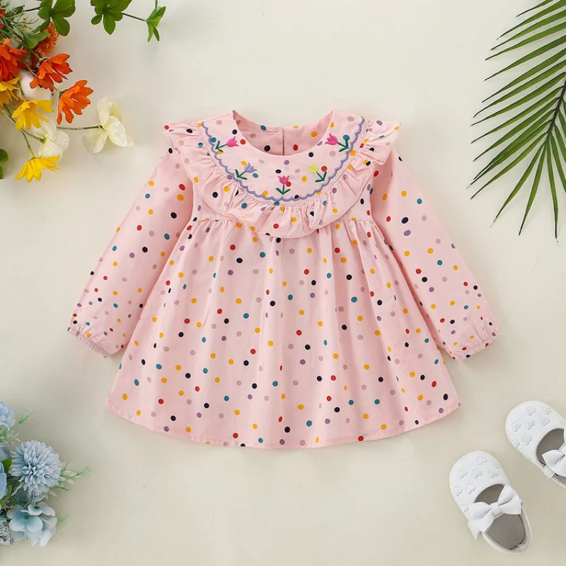

Autumn New Infant Toddler Round Neck Colorful Dot Print Embroidered Collar Dress Children's Princess Dress Little Girl