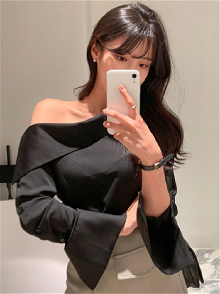 Office Lady Korean Style Black Blouses One Shoulder Sexy Shirts Women Spring Summer Cold Blouse Female Elegant White Tops