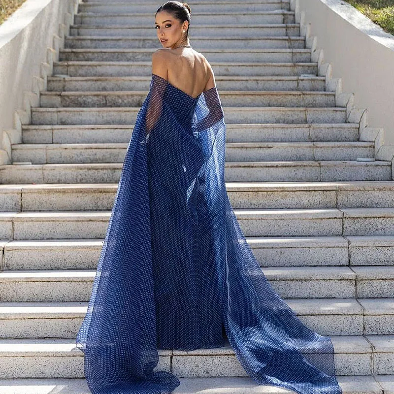 

Blue Strapless Backless Elegant Evening Formal Party Dress for Women Prom Gown with Shawl Pleat A-line Wedding Dress Custom