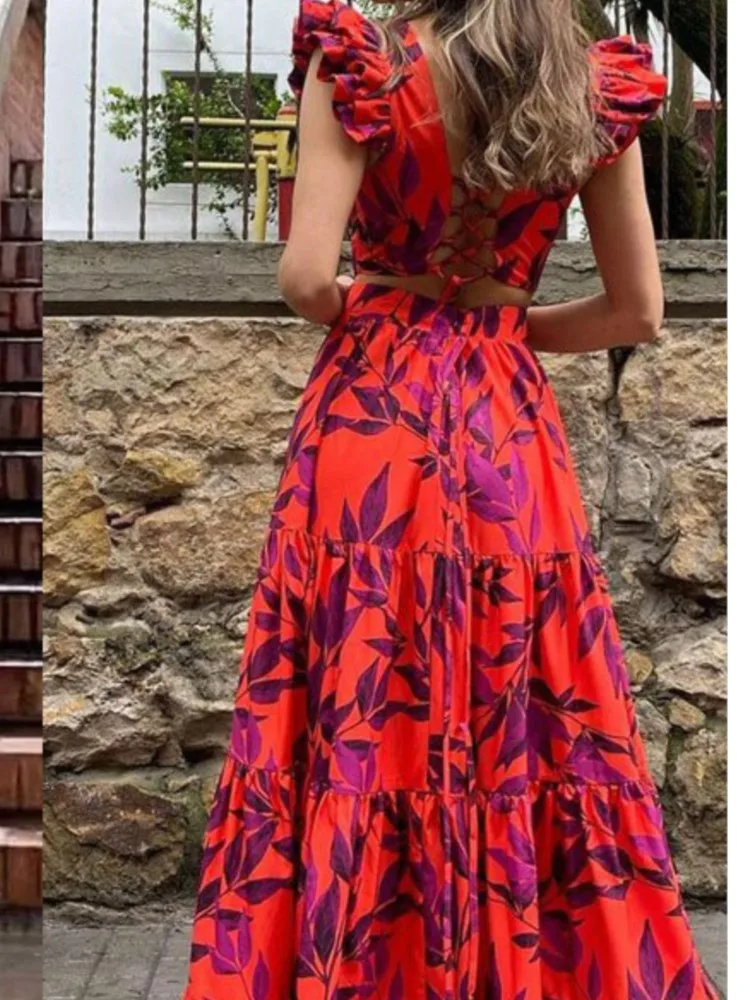 فستان فضفاض مطبوع أنيق للنساء موضة رقبة دائرية وكشكشة عالية الخصر فساتين فضفاضة رداء نسائي ملابس غير رسمية للعطلات