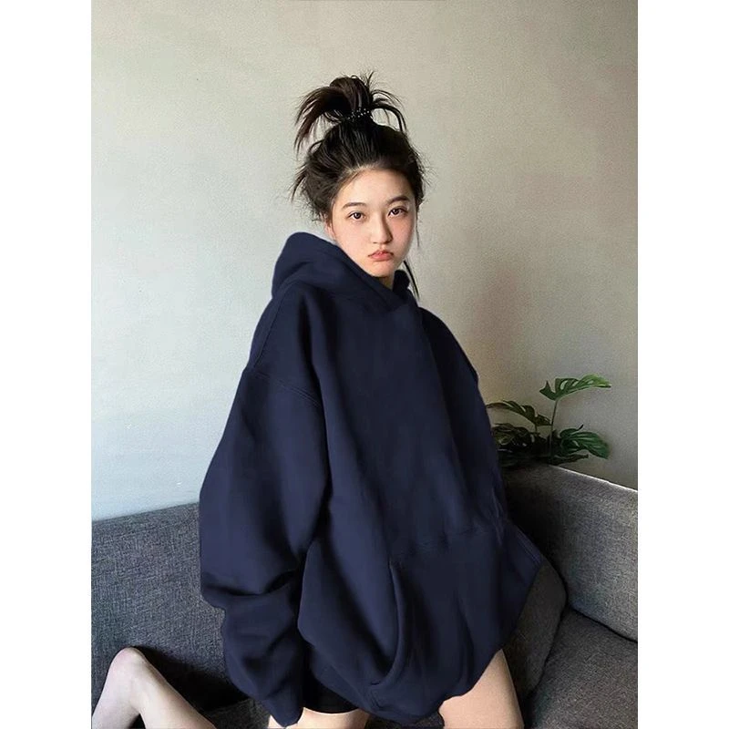 

Однотонный женский свитер в американском стиле ретро, свободная пара, новинка 2025 года, повседневный и удобный свободный топ с капюшоном из чистого хлопка, модный