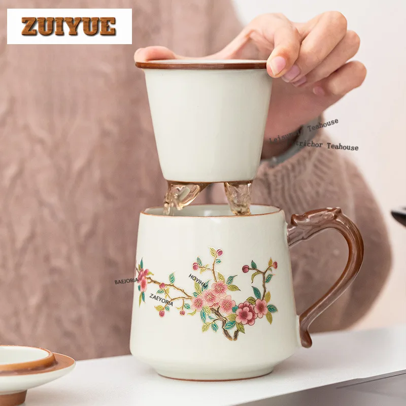 

350ml Ru Kiln Peach Blossom Ceramic Filter Tea Separator Cup Vintage Tea Mug with Infuser Tea Brewing Office Water Cup Craft