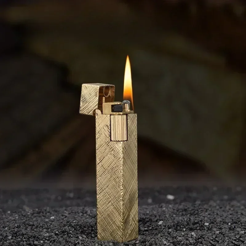 Retro Handmade Pure Copper Kerosene Lighter Small Square Side Pulley Wheel Lighter Hand Carving Lighters Smoking Accessories