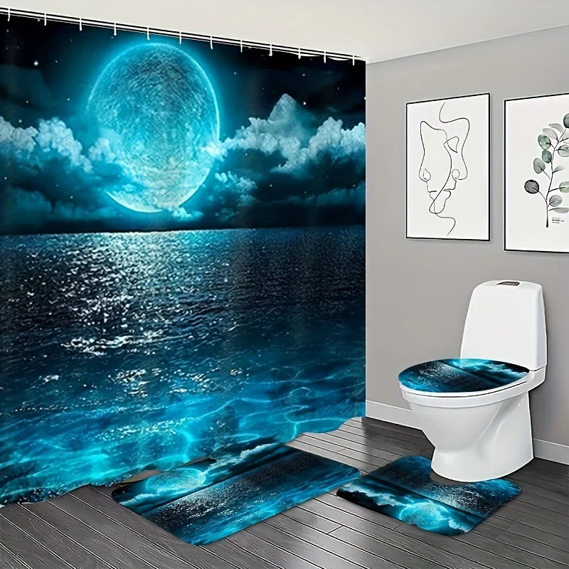 4-Piece Moonlit Ocean Bath Set: Full Moon, Clouds, and Starry Night Sky - Includes 12 Free Hooks - Durable Polyester Fabric - Su