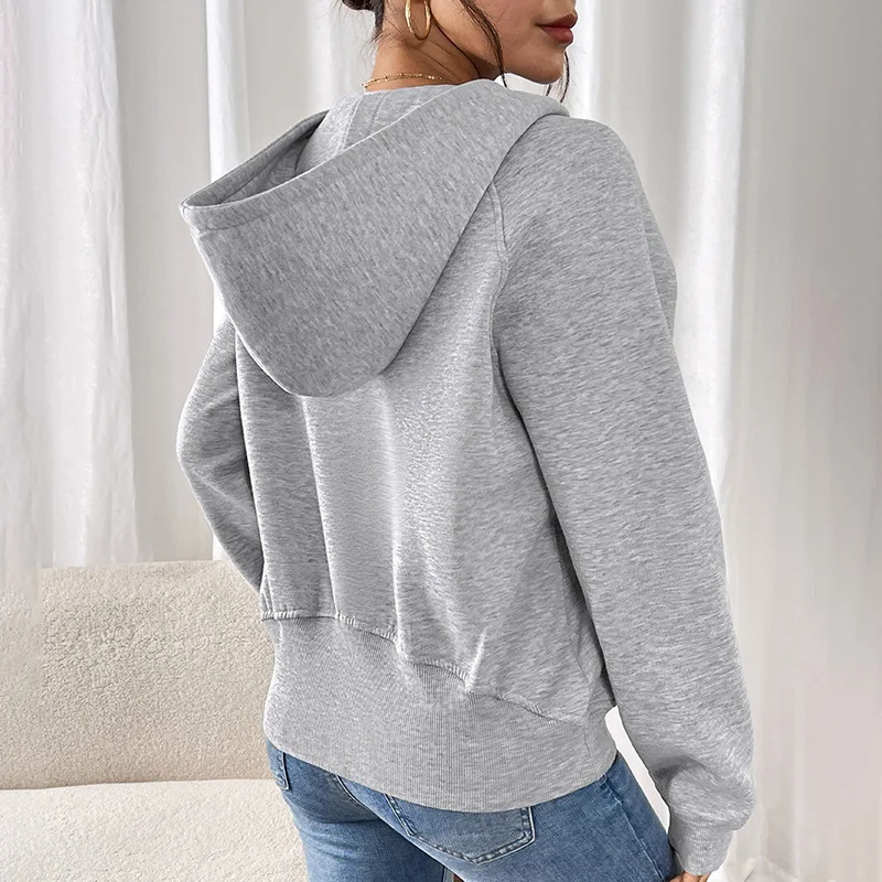 Velvet Thickened Long-Sleeved Hoodie Casual Pullover Sweatshirt Pure Color Autumn Winter Top for Women European American Style