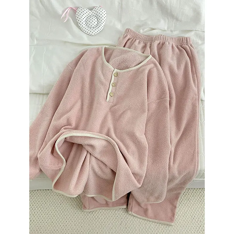 الوردي نصف الصوف المرأة الشتاء مجموعة اللون منعت زر تقليم بأكمام طويلة أعلى + السراويل الطويلة الصوف سميكة منامة 2 قطعة مجموعة. #2