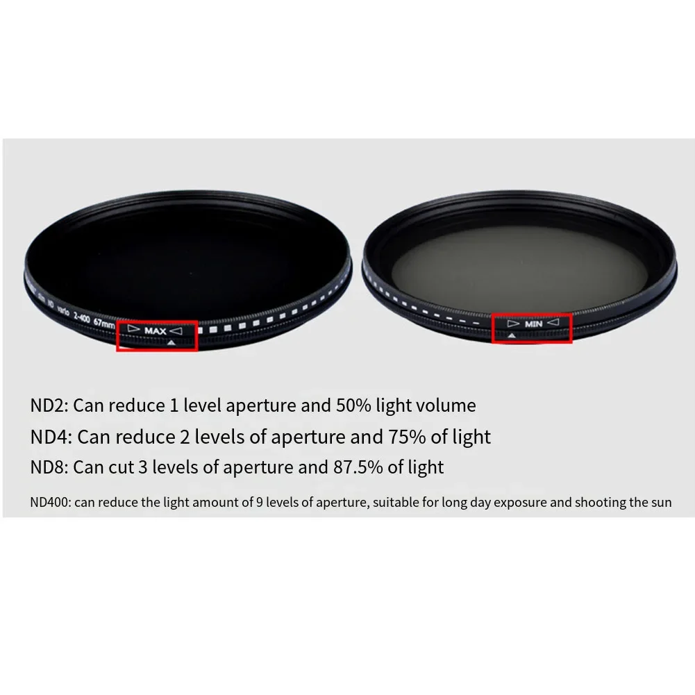 Adjustable Fader Variable Filter For Lens Adjustable ND Lenses 2-400 Light Reducing Lenses Medium Gray Lenses 37mm-82mm