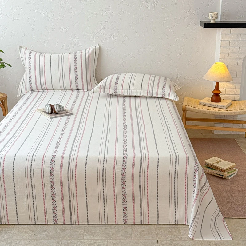 1pc 100%Cotton Flat Sheet Single/Queen/King Size Flat Bed Sheet Sets for Adults Soft Striped Printed Top Sheets Sabana Para Cama
