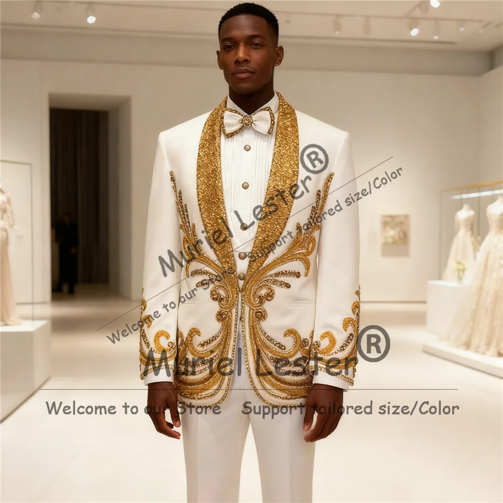 Gold Beads Crystals Suit Men Sparkly Sequined Lapel Prom Blazers Outfits Slim Fit 2 Piece Set Groom Wedding Tuxedos Customized
