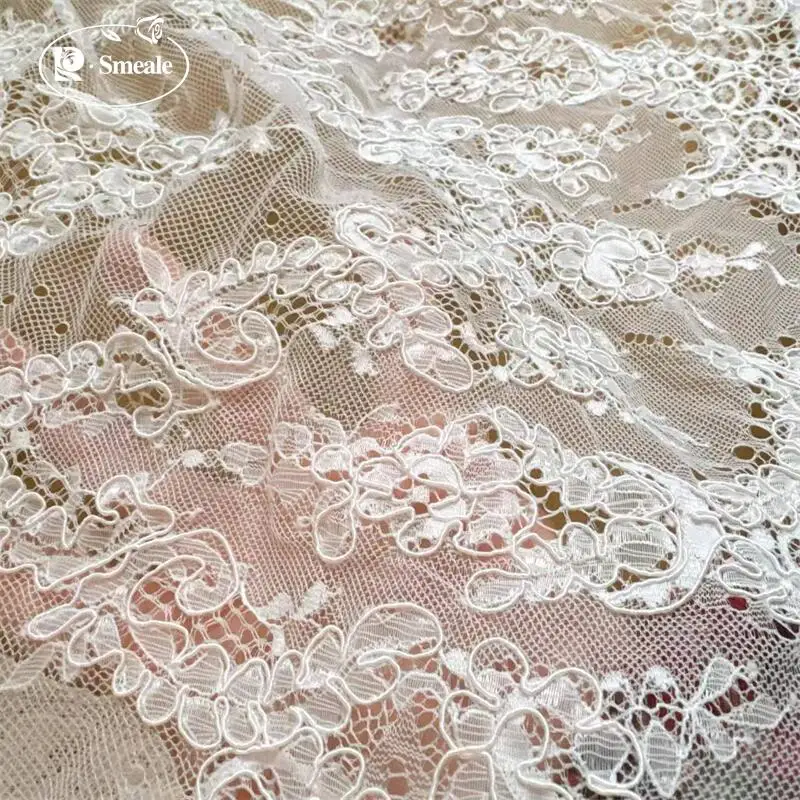 3MX1,5M NEUE Handgefertigte Kordel-Stickerei Wimpernspitzenstoff für Hochzeitskleider, DIY Nähen Weißer Spitzenstoff – Detail 6