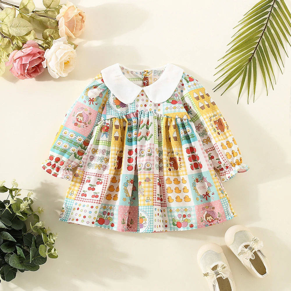 Baby Dress Baby Girl Clothes Doll Neck Long Sleeve Dress Colorful Checkered Korean Style Cotton Dress For Kids