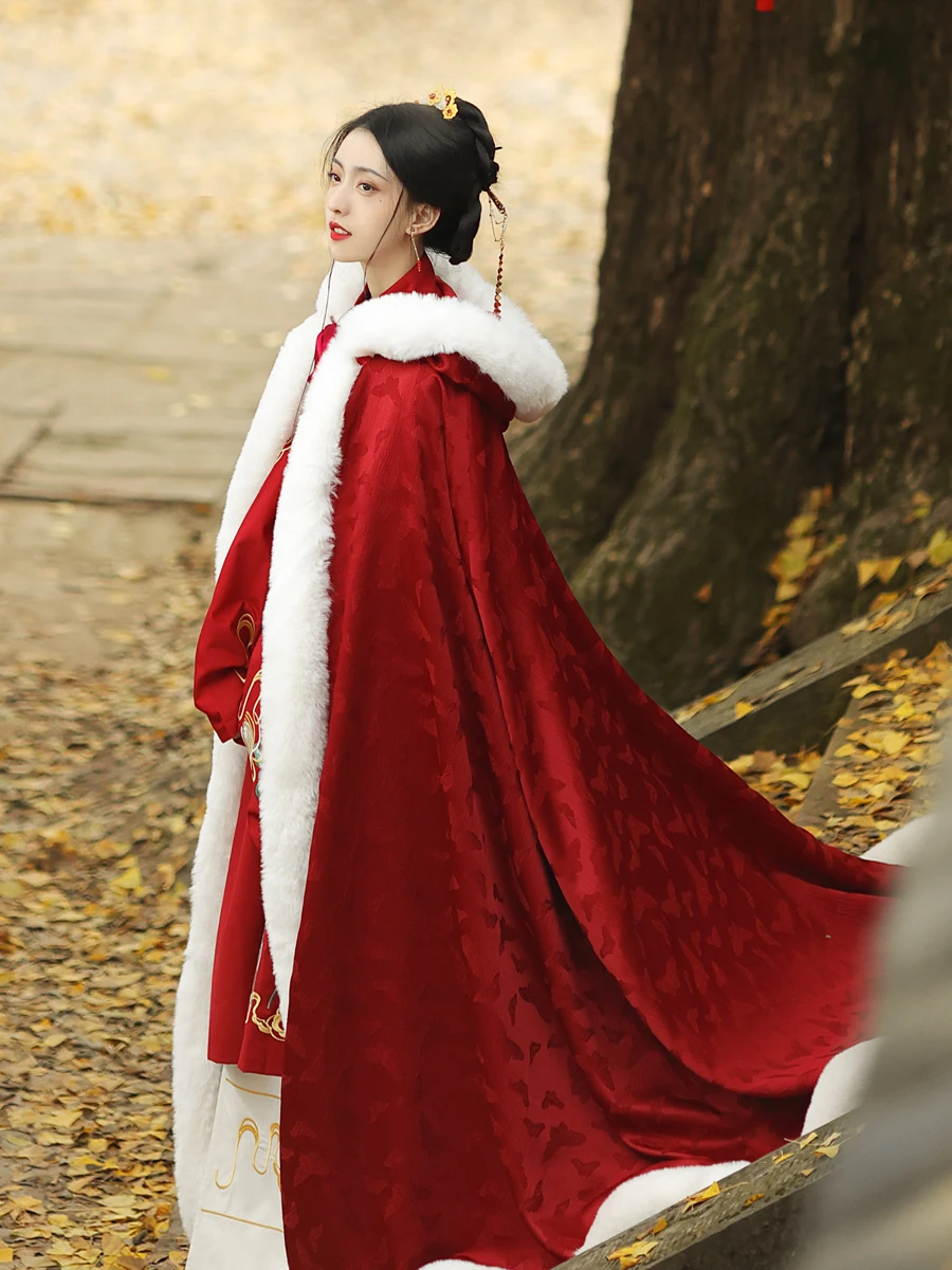 Butterfly fly long cape Hanfu women's velvet Chinese style red shawl jacket period cape