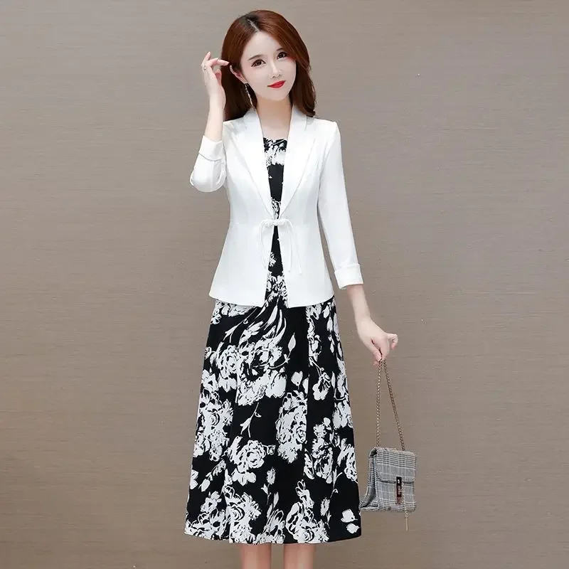 Women\'s 2024 Spring/Summer New In Matching Set Korean Elegant Thin Suit Coat+floral Dress Two-piece Female Professional Wear