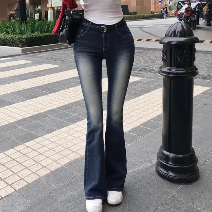 Sexy Slim Fit High Waist Bell Bottom Jeans Women's Korean Style Enhanced Hip Shape Blue Denim Pants Standard Body Fit Jeans