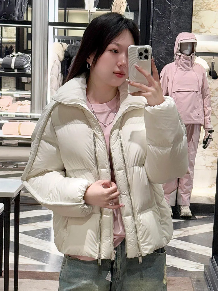 ユニークなオーツホワイトのレディースダウンジャケット、韓国風高級ブレッドコート、厚手のアウターウェア、通勤ファッション、90%ダウンフィルパワー