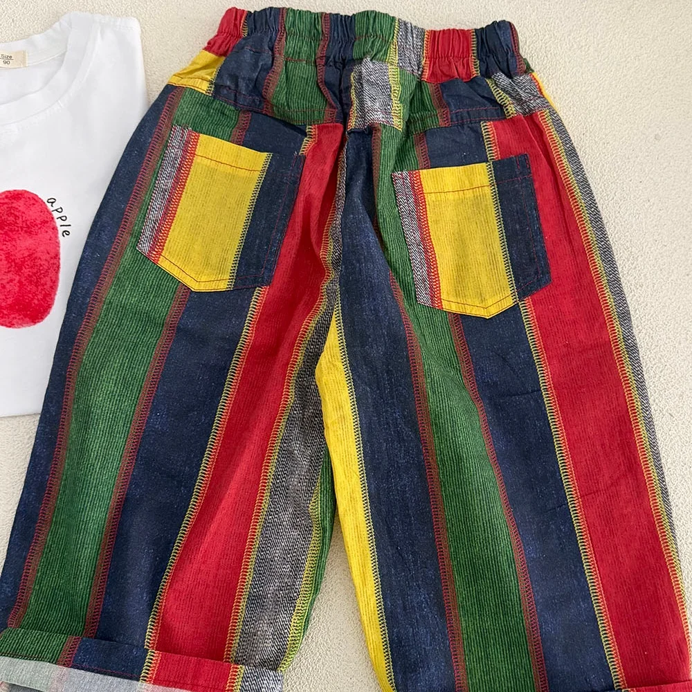 2026 Summer 2-7T Kids Color Striped Pants Korean Style Loose Boy Clothes Thin Seven-Piece Children Trousers 