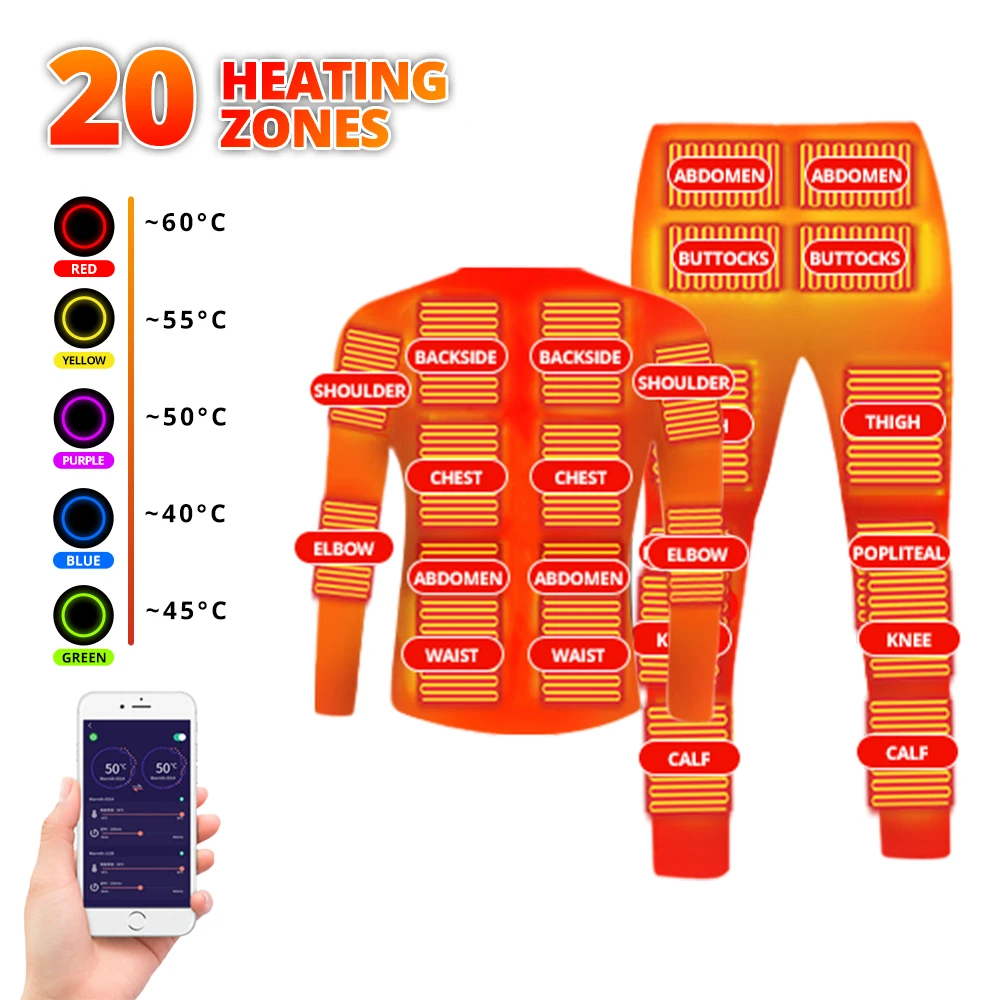 

Winter Keep Warm Heated Underwear Suit 20 Area USB Electric Heating Clothing by APP Control Temperature Fleece Thermal Underwear